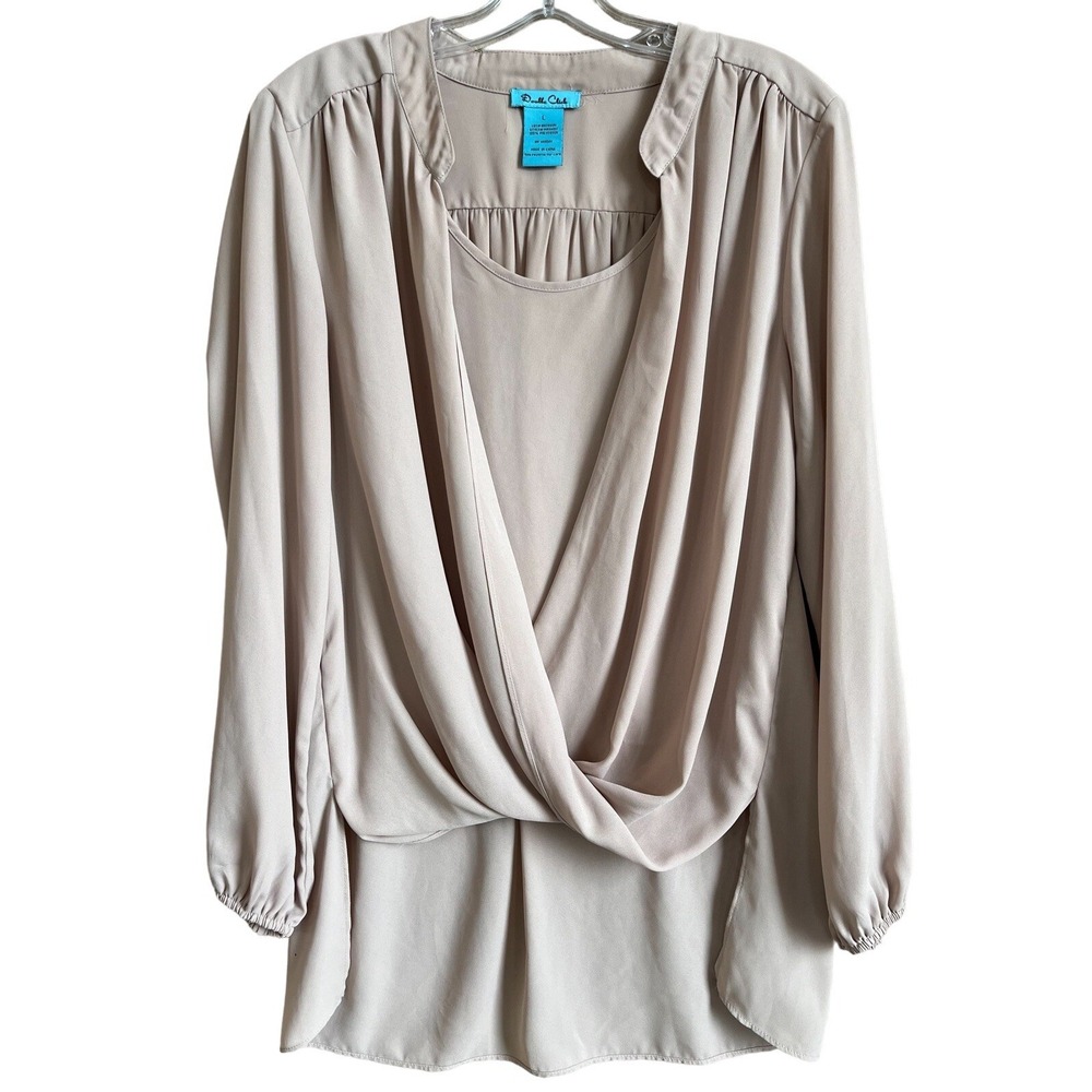 Double Click Blouse Womens Large Beige Coco Long Sl Faux Wrap Corp Core Career